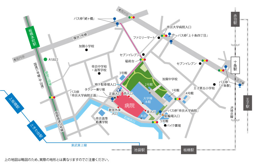 姥ケ橋バス停から病院までの地図