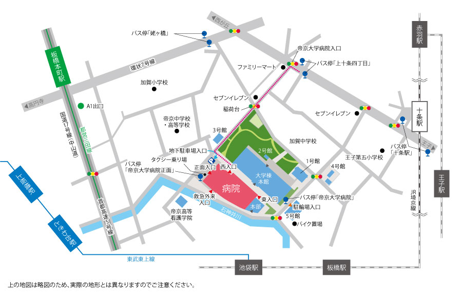 上十条四丁目バス停から病院までの地図