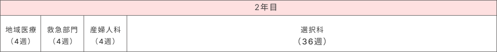 2年目 地域医療（4週）、救急部門（4週）、選択科（40週）