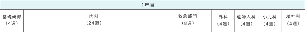 1年目 基礎研修（4週）、内科（24週）、救急部門（8週）、外科（4週）、産婦人科（4週）、小児科（8週）、精神科（4週）