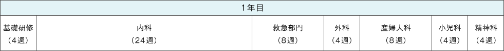 1年目 基礎研修（4週）、内科（24週）、救急部門（8週）、外科（4週）、産婦人科（8週）、小児科（4週）、精神科（4週）