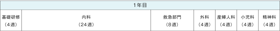 1年目 基礎研修（4週）、内科（24週）、救急部門（8週）、外科（4週）、産婦人科（4週）、小児科（4週）、精神科（4週）