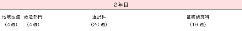 2年目 地域医療（4週）、救急部門（4週）、選択科（20週）、基礎研究科（16週）