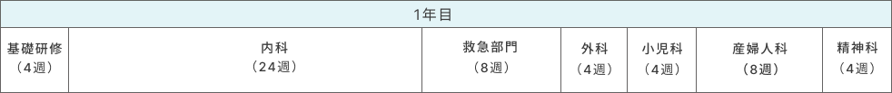 1年目 基礎研修（4週）、内科（24週）、救急部門（8週）、外科（4週）、小児科（4週）、産婦人科（8週）、精神科（4週）