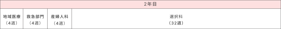 2年目 地域医療（4週）、救急部門（4週）、産婦人科（4週）、選択科（32週）