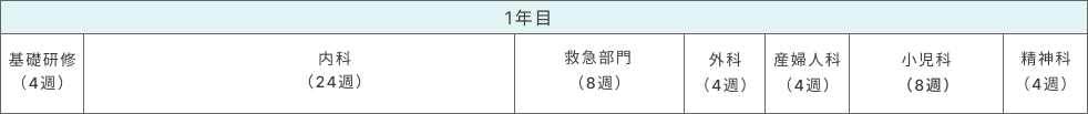 1年目 基礎研修（4週）、内科（24週）、救急部門（8週）、外科（4週）、産婦人科（4週）、小児科（8週）、精神科（4週）