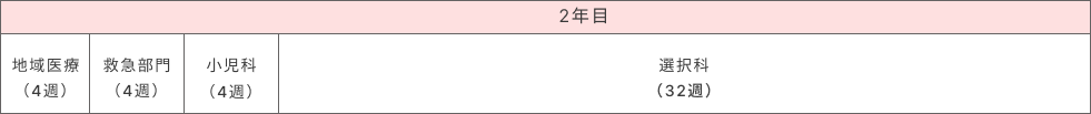 2年目 地域医療（4週）、救急部門（4週）、小児科（4週）、選択科（32週）