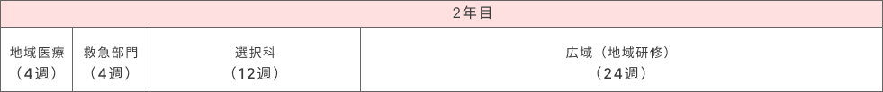 2年目 地域医療（4週）、救急部門（4週）、選択科（12週）、広域（地域研修）（24週）